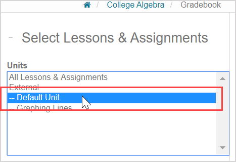 Units are listed in the Units menu under the Select Lesson and Assignments heading.